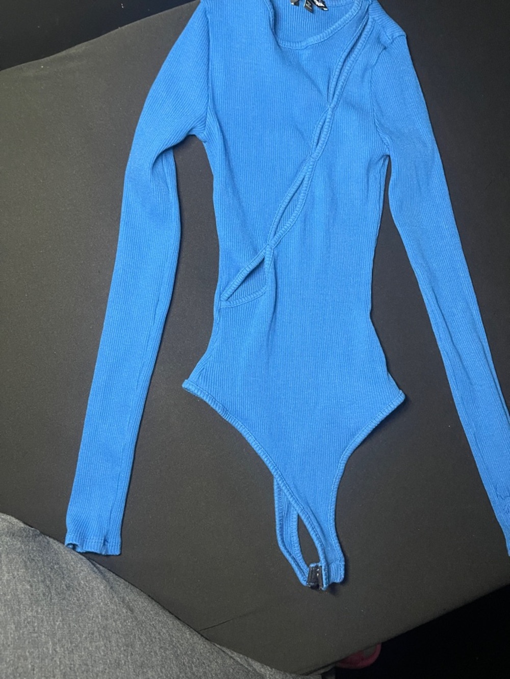 Fashion Nova Blue Ribbed Long-Sleeve Bodysuit